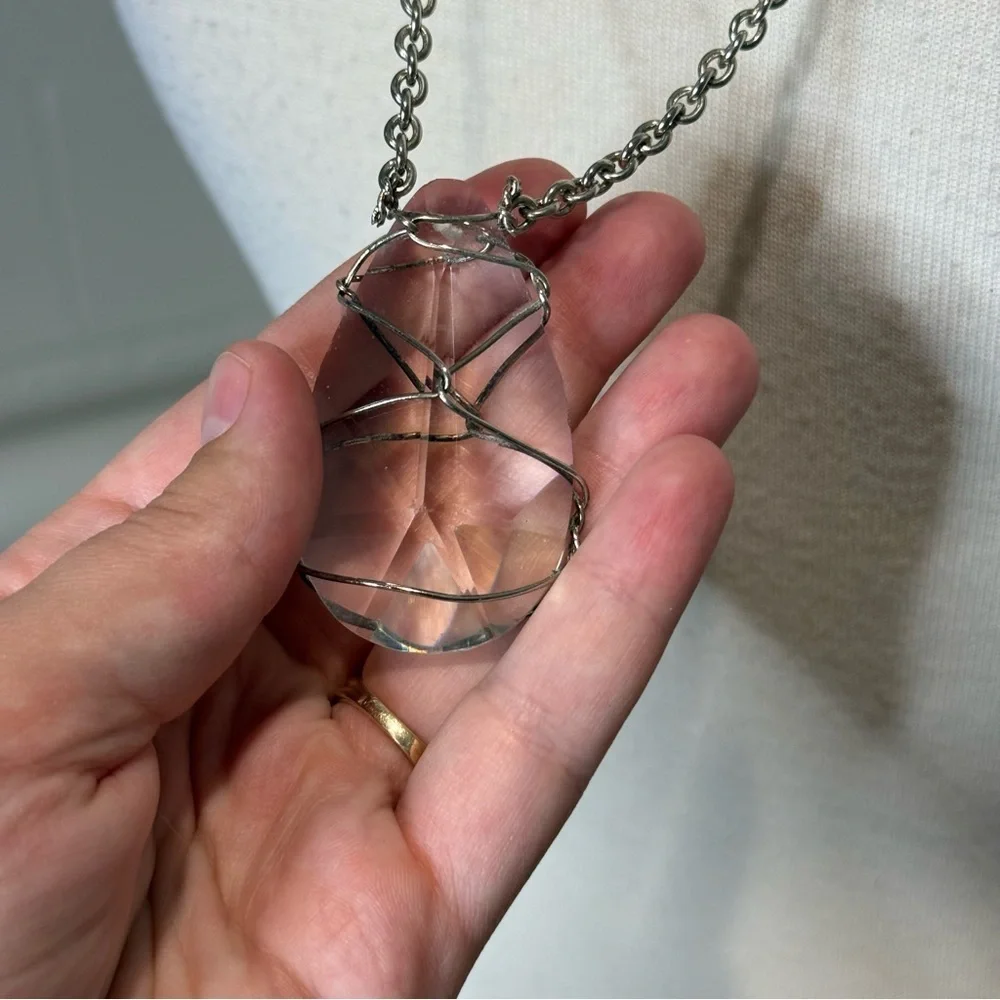 Silver Teardrop wire wrapped Crystal Pendant statement Necklace whimsical